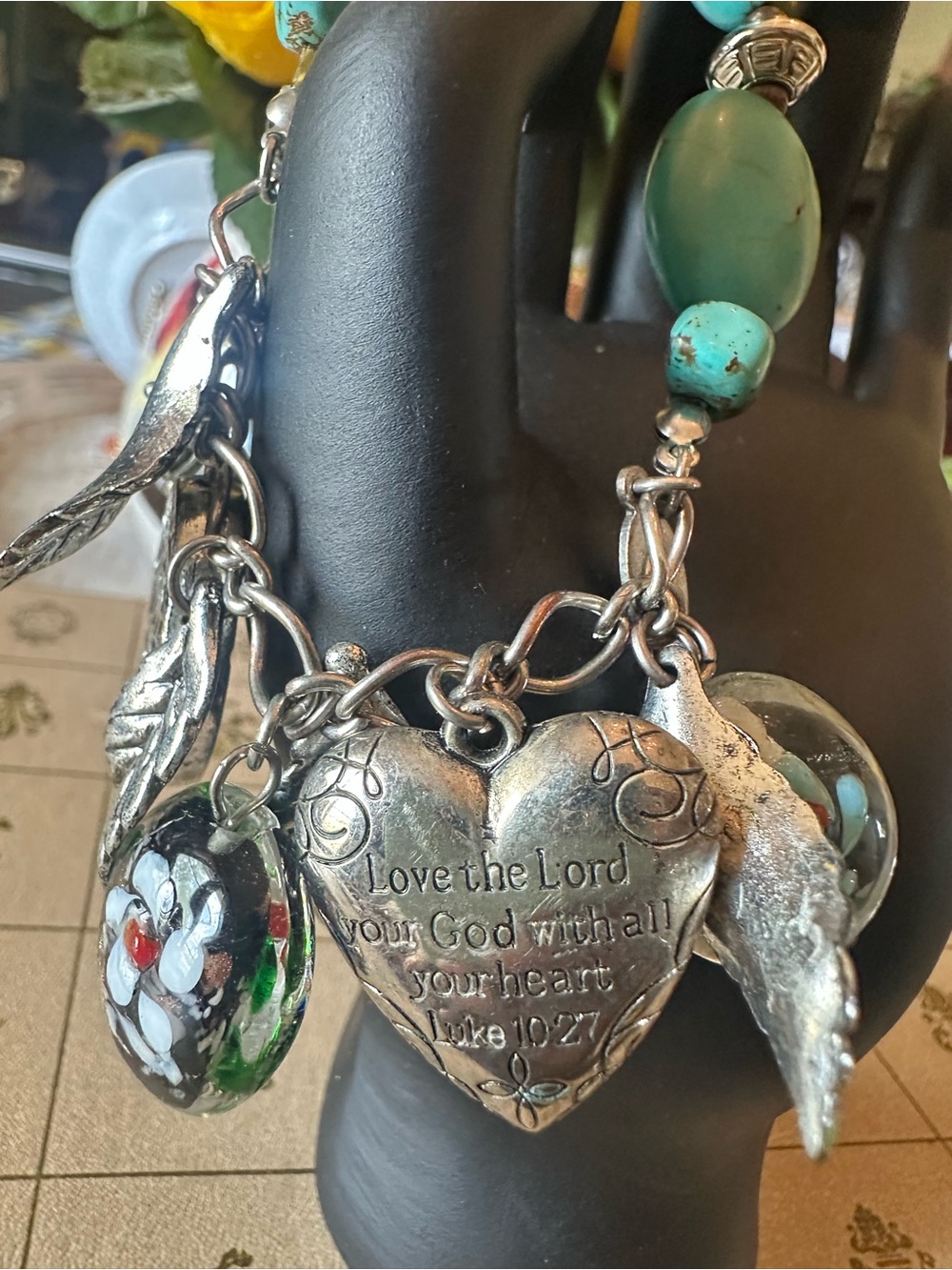 Silver Heart Charm Bracelet with Turquoise Beads - Inspirational Scripture